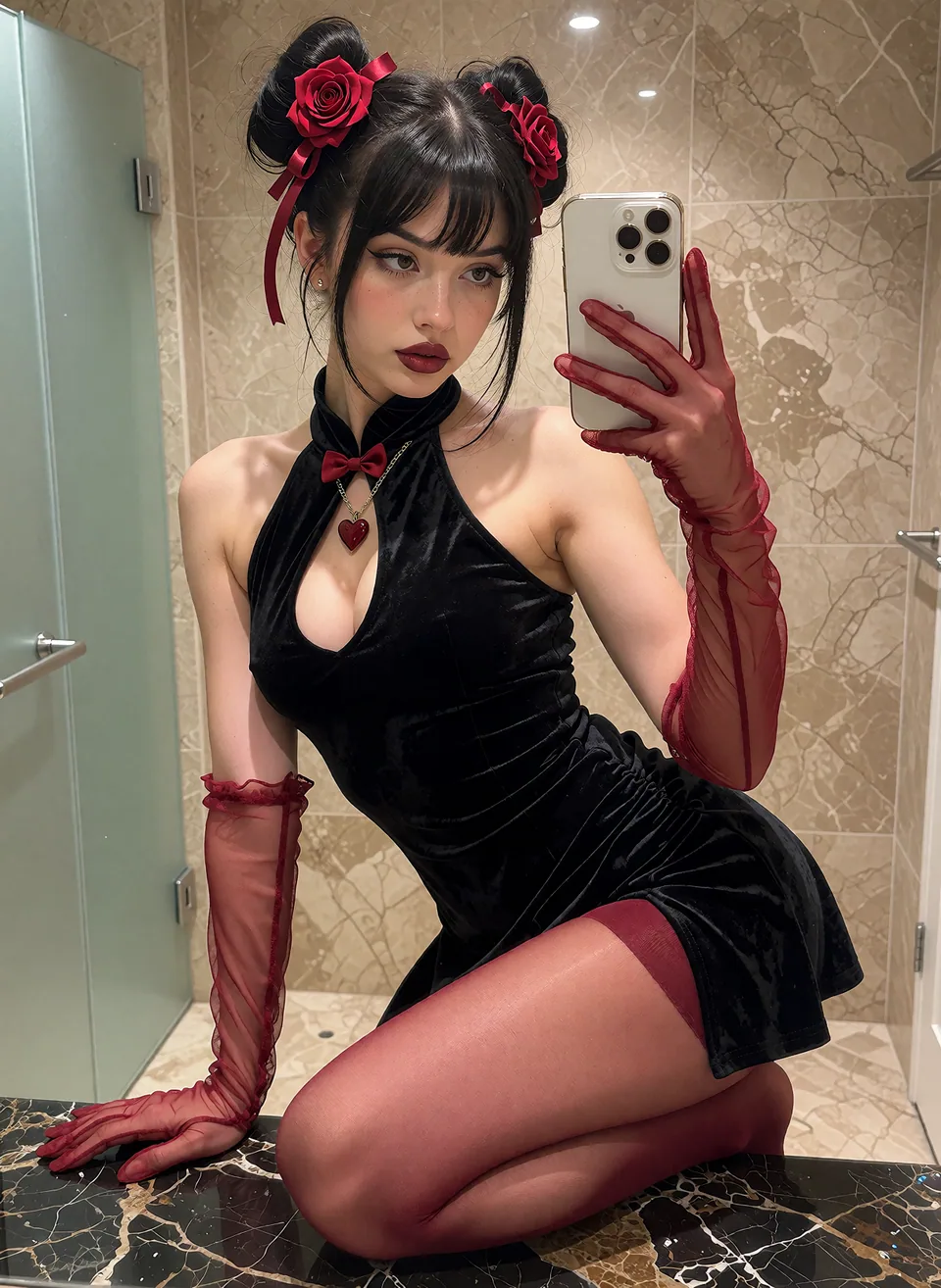 Woman in a black and red costume beside an ornate mirror.